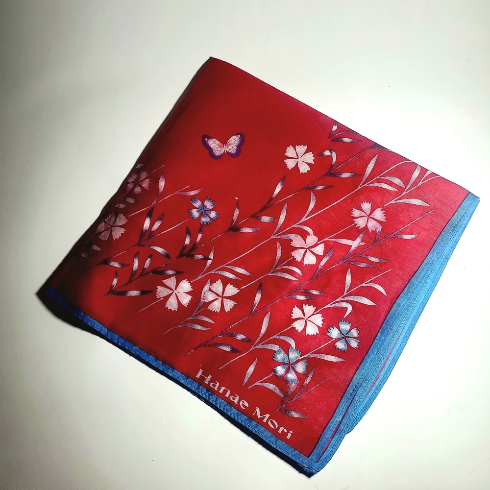 Vintage Hanae Mori Red Blue Floral Butterfly Handkerchief, Scarf, Pocket Square